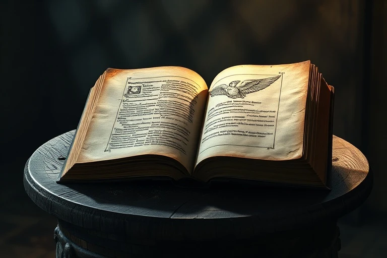 Libro antiguo abierto con ilustración de ángel en un altar de madera