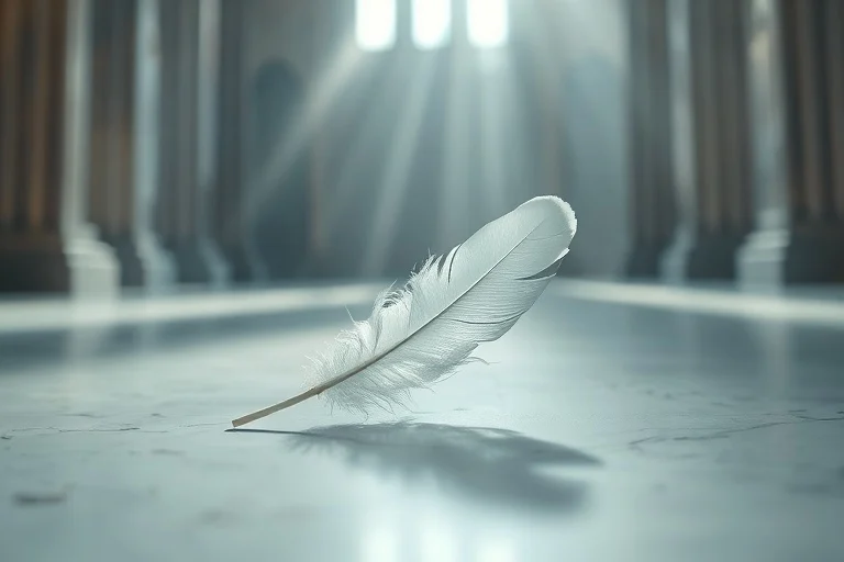 Pluma blanca sobre piedra pulida en ambiente sereno con luz difusa