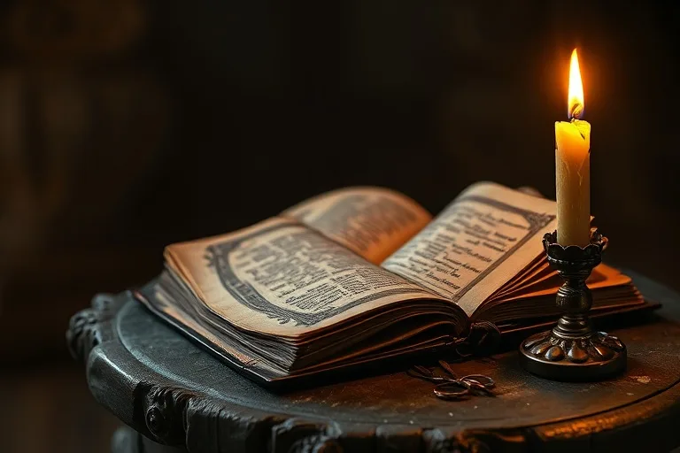 Libro de oraciones antiguo con vela encendida en altar de madera