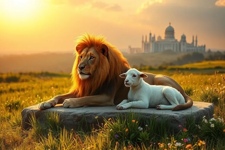 León y cordero en prado con ciudad estilizada