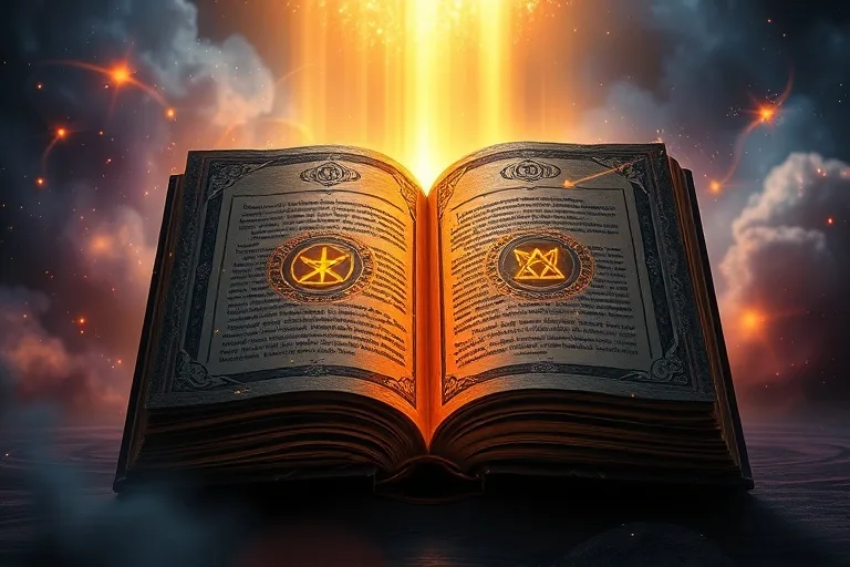 Representación conceptual de un libro antiguo con símbolos luminosos, rodeado de luz etérea, simbolizando el conocimiento divino custodiado por los ángeles.