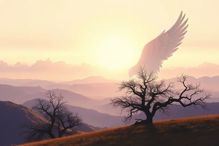 Pintura al óleo de un paisaje sereno bajo una luz etérea, con la silueta de majestuosas alas apenas visibles, simbolizando la protección y guía divina.