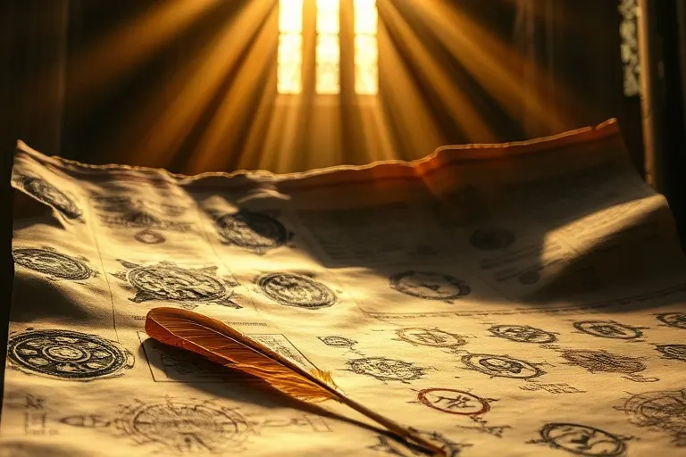 Fotografía de bodegón de antiguos pergaminos con símbolos caligráficos y mapas celestiales, iluminados por una luz dorada y con una pluma delicada, evocando sabiduría mística.