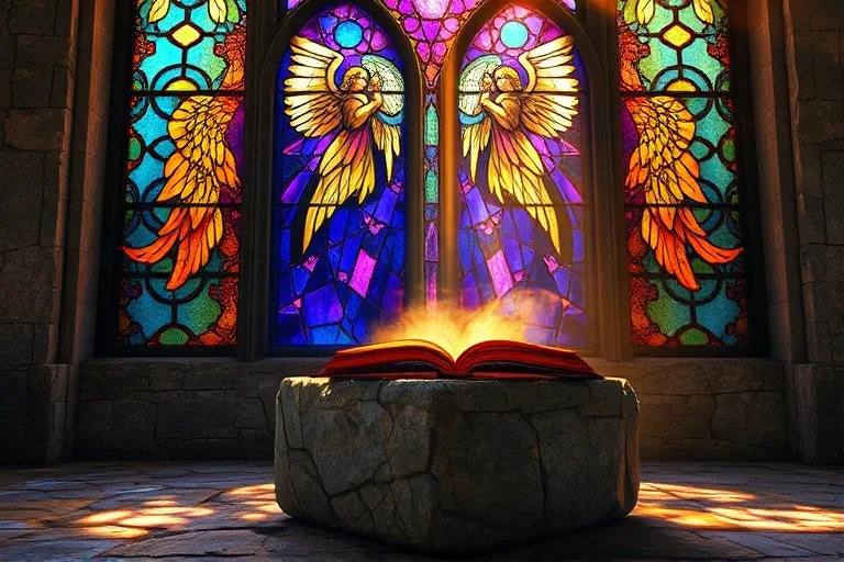 Arte conceptual de un vitral que muestra formas angélicas abstractas y patrones geométricos, con luz que se filtra y proyecta reflejos coloridos en un suelo de piedra, simbolizando la presencia divina.