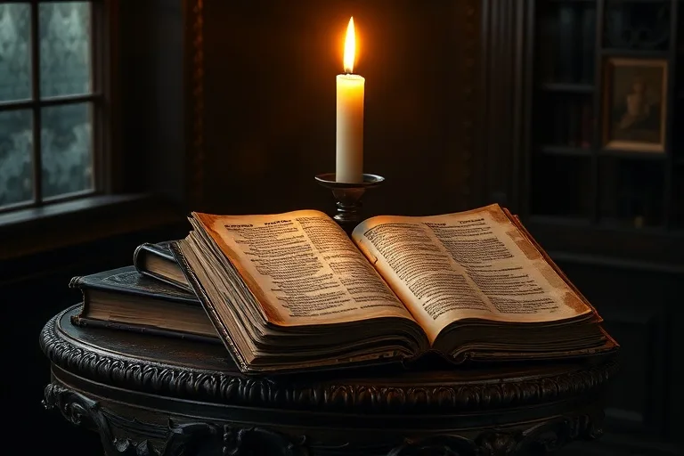 Libros antiguos y Biblia sobre atril de madera con luz de vela
