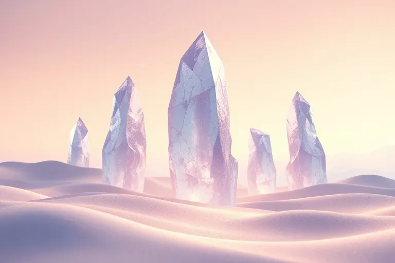Ilustración 3D de un paisaje sereno con estructuras cristalinas y luz iridiscente