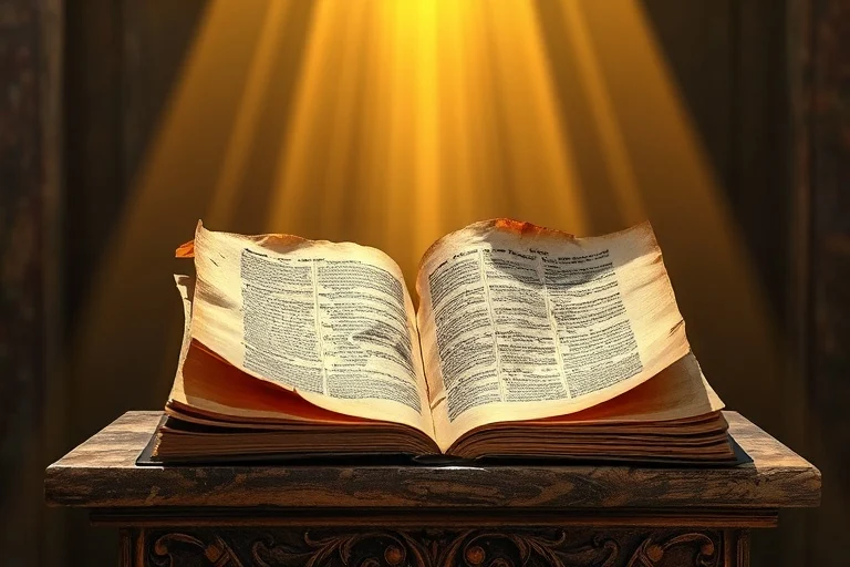 Antiguos textos religiosos y rollos en un atril de madera, iluminados por una luz celestial, simbolizando la sabiduría divina y las escrituras sagradas.