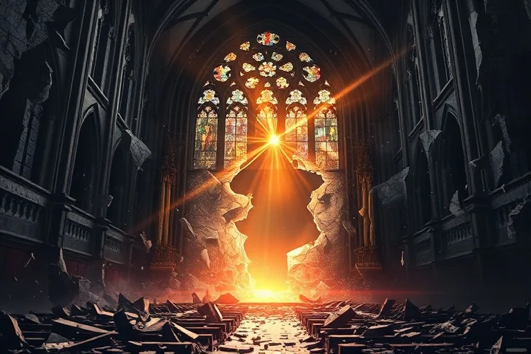 Un vitral roto con un fragmento central intacto que irradia luz, sobre un fondo abstracto de caos.