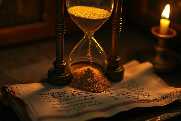 Fotografía cinematográfica de un antiguo reloj de arena vertiendo arena dorada sobre un pergamino con escritura antigua, iluminado por una vela parpadeante.