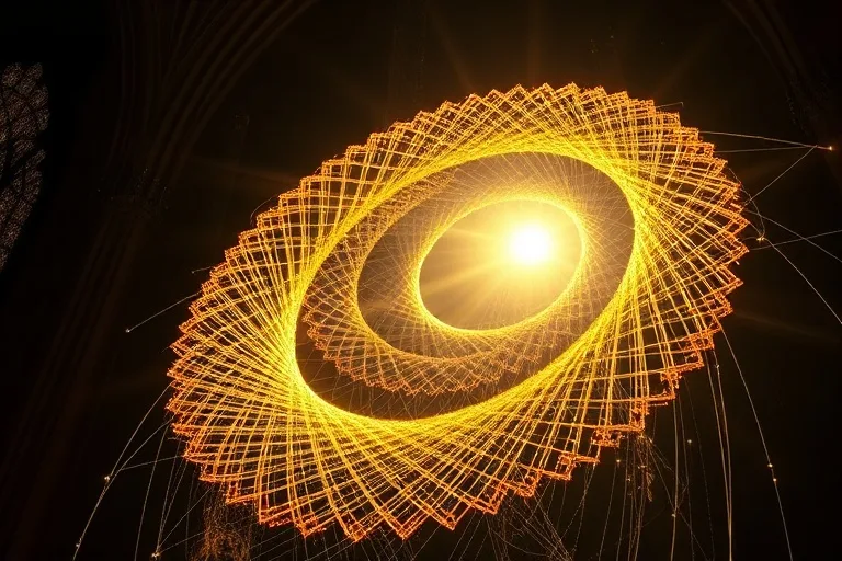 Renderizado 3D abstracto de hilos dorados entrelazados formando una hélice luminosa que asciende de la oscuridad hacia una luz etérea.