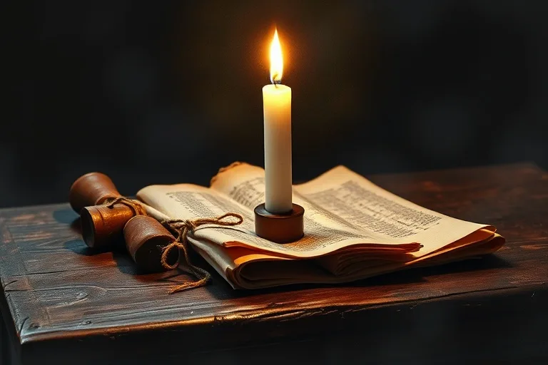 Pergaminos antiguos y una vela encendida sobre un altar de madera oscura, evocando la historia de la devoción.