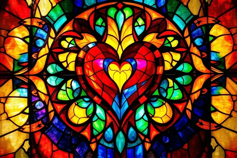 Vitral abstracto con un motivo de corazón radiante, colores vibrantes y luz que se filtra.