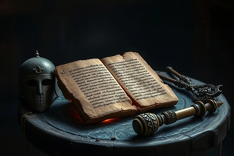 Fotografía cinematográfica de naturaleza muerta con una tableta de arcilla rota con escritura cuneiforme, un casco de bronce antiguo y un cetro real fragmentado sobre una mesa de madera oscura.