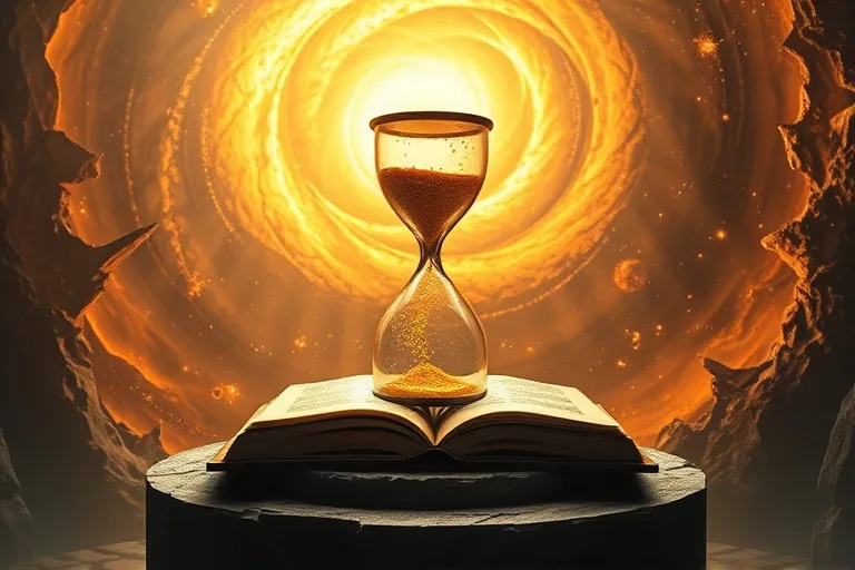 Arte conceptual de un reloj de arena roto con arena derramándose, rodeado de formas geométricas abstractas que sugieren eventos futuros y juicio divino, con un fondo de vórtice de luz y sombra.