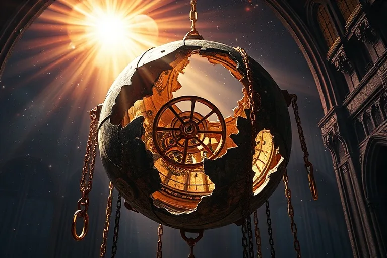 Esfera celestial rota con engranajes y cadenas, flotando en el espacio cósmico, simbolizando el orden caído y el conocimiento prohibido.