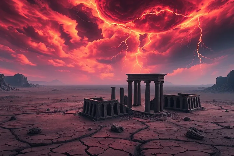 Paisaje desolado con monolitos derrumbados bajo un cielo apocalíptico rojo y tormentoso, evocando el fin de los tiempos.
