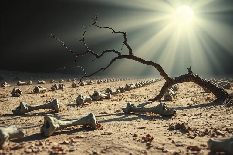 Fotografía macro de un paisaje desolado y árido con huesos humanos antiguos dispersos, blanqueados bajo una luz de luna pálida y misteriosa. Una rama de árbol retorcida y solitaria cruza el primer plano, acentuando la esterilidad. La atmósfera transmite silencio y anticipación.