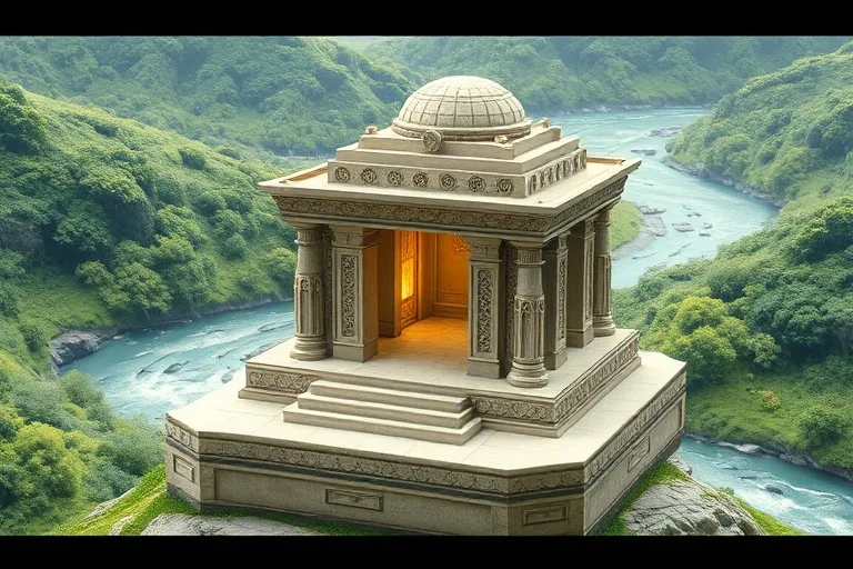 Renderizado 3D de un modelo de templo intrincadamente diseñado y de aspecto futurista, que emite una luz interna suave, situado en un paisaje prístino y verde. La arquitectura fusiona motivos antiguos de Oriente Medio con precisión geométrica. Al fondo, un río de agua cristalina fluye, simbolizando la vida y la renovación. La escena es limpia y simétrica, transmitiendo una sensación de orden divino.