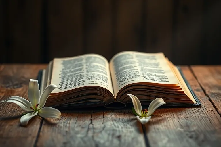 Fotografía cinematográfica de una Biblia antigua abierta sobre una mesa de madera rústica, con una luz suave y un lirio blanco. Se observan detalles de la textura de las páginas y la madera, evocando un ambiente de contemplación y espiritualidad.