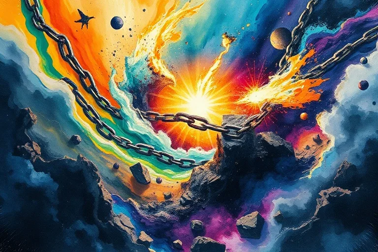 Pintura acuarela abstracta que representa la transformación social, con un vórtice de colores vibrantes rompiendo estructuras oscuras y rígidas. Se aprecian cadenas rotas y luz emergiendo, simbolizando la liberación y la esperanza.