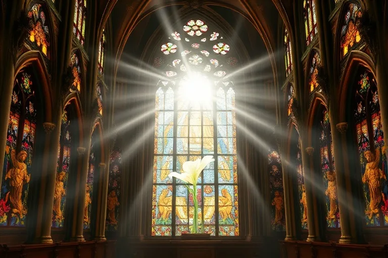 Ventana de vitral intrincada con símbolos del Arca del Antiguo Testamento y una flor de lirio central.