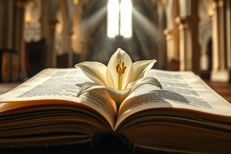 Un libro antiguo con una azucena prensada, simbolizando la sabiduría y pureza teológica.