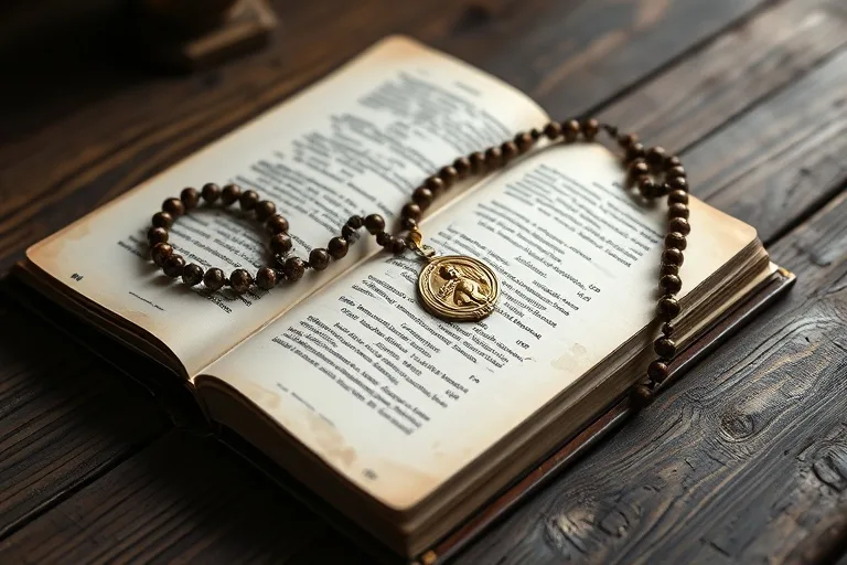 Antiguo libro de oraciones y rosario con una Medalla Milagrosa sobre una mesa de madera rústica.