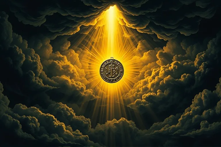 Rayo de luz dorado que atraviesa nubes oscuras, iluminando una Medalla Milagrosa flotando, en un estilo conceptual y simbólico.