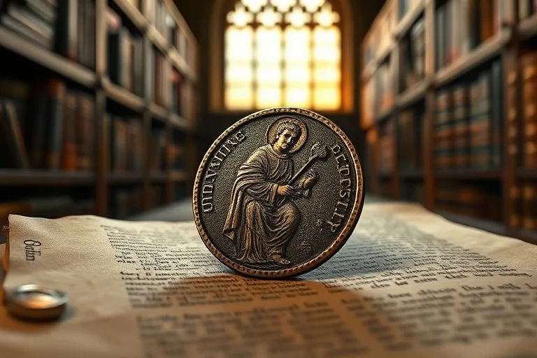 Medalla de San Benito antigua y detallada sobre un pergamino con inscripciones latinas, iluminada en una biblioteca monástica. Enfoque macro.