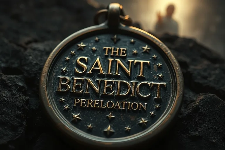 Representación estilizada y brillante de la inscripción 'Vade Retro Satana' de la Medalla de San Benito, con letras metálicas antiguas y un fondo oscuro que sugiere conflicto espiritual. Enfoque macro.
