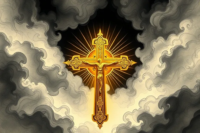Arte conceptual de una cruz dorada brillante que atraviesa la oscuridad y el humo.