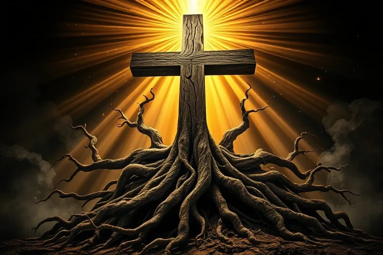 Ilustración 3D de raíces entrelazadas alrededor de una cruz, emergiendo hacia la luz