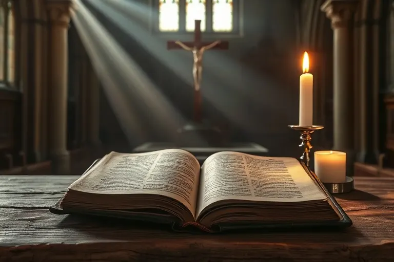 Una Biblia antigua de cuero abierta con texto de manuscrito iluminado, sobre un altar de madera desgastada, iluminada por una vela de cera de abejas, con un crucifijo de plata al fondo.