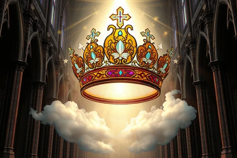 Una corona celestial con estrellas y lirios, flotando sobre nubes, en un estilo de vitral religioso, simbolizando la realeza de María.