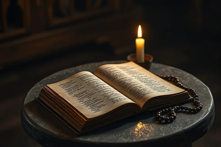 Bodegón cinematográfico de un escritorio antiguo con un diario abierto, un rosario de madera y una vela encendida, simbolizando la contemplación.