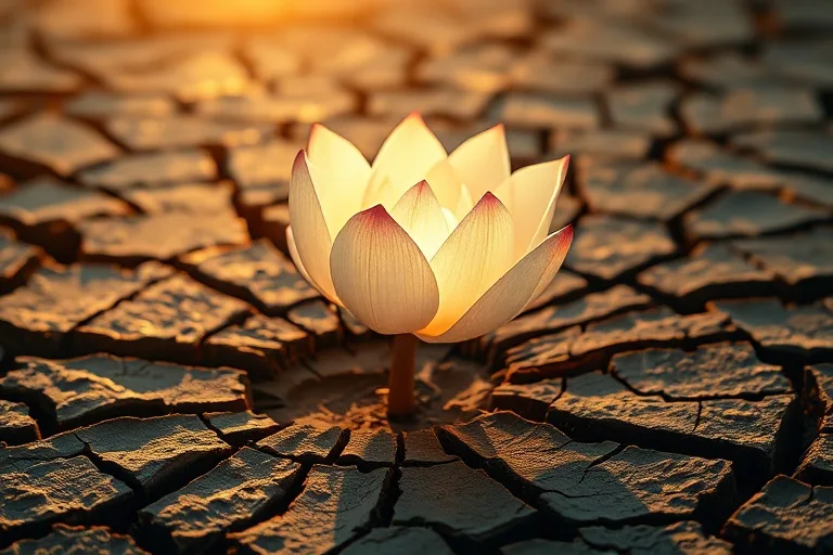Arte conceptual de una flor de loto translúcida emergiendo de tierra agrietada, simbolizando el crecimiento espiritual y la resiliencia.