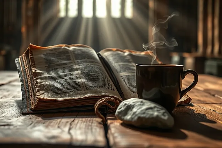 Diario de cuero abierto con una taza de té y una piedra, simbolizando la reflexión tranquila y la práctica espiritual diaria.