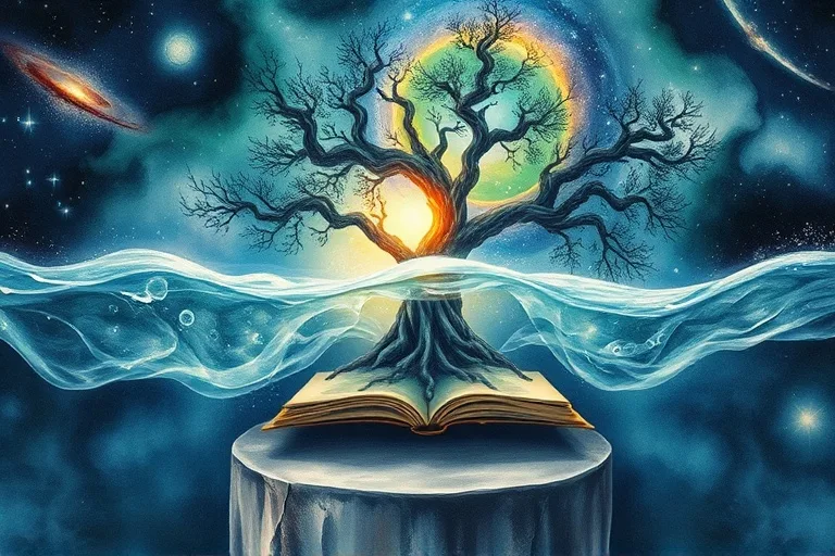Pintura abstracta de acuarela con raíces de árbol, agua y cuerpos celestes, representando la interconexión de la existencia y la unión divina.