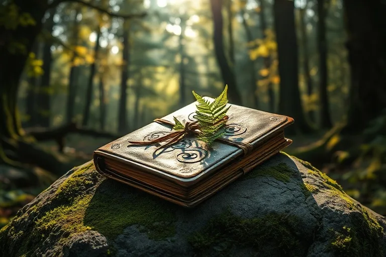 Un antiguo diario de cuero sobre una piedra cubierta de musgo en un claro del bosque, con una hoja de helecho.