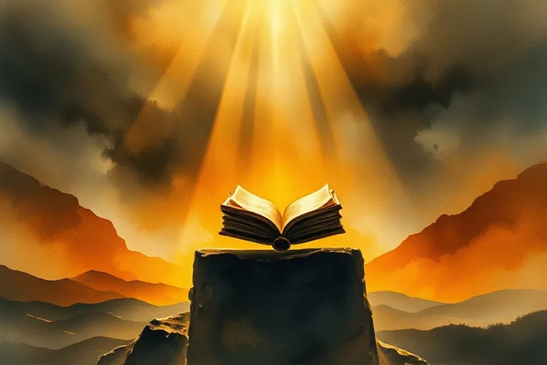 Pintura acuarela abstracta de luz y sombra en un paisaje, con patrones de niebla y tonos terrosos.