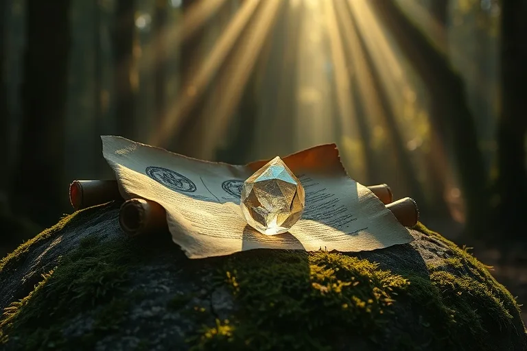 Antiguo pergamino sobre una roca cubierta de musgo en un bosque, con símbolos místicos y un cristal brillante.