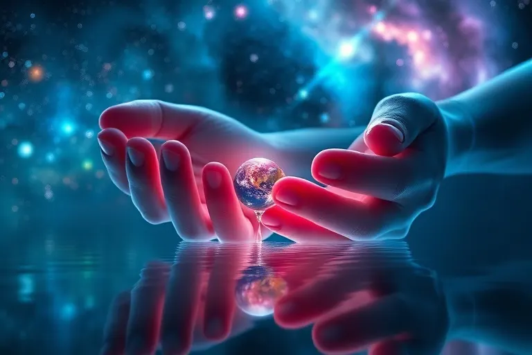 Manos humanas translúcidas cuencando agua que refleja un cielo cósmico con estrellas y nebulosas.