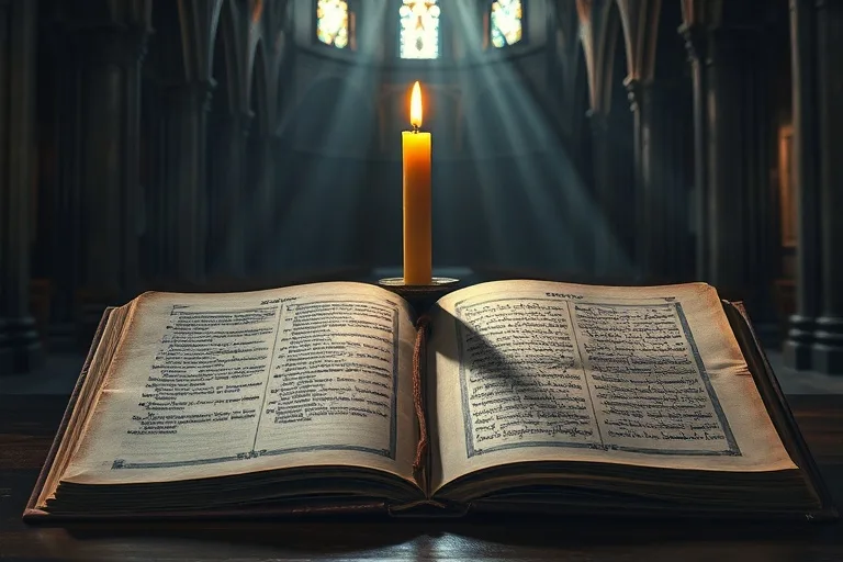 Bodegón de textos antiguos, uno con escritura latina y otro con sánscrito, iluminados por una vela, simbolizando la sabiduría mística de diferentes tradiciones.