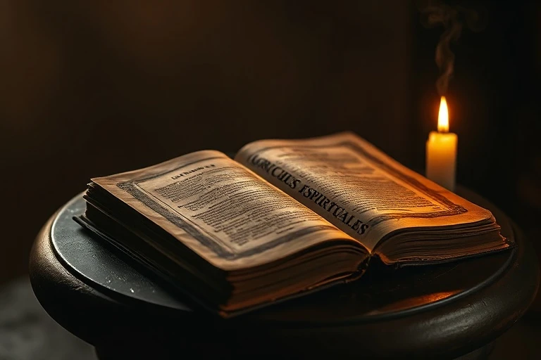 Libro antiguo y gastado de Ejercicios Espirituales sobre un escritorio de madera a la luz de una vela, simbolizando la introspección y el estudio.