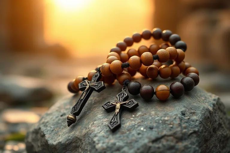 Cuentas de rosario y mala de meditación sobre una piedra