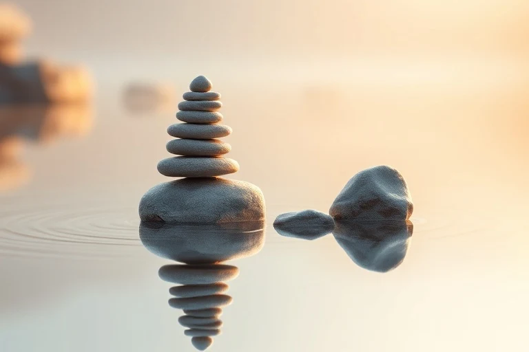 Piedras equilibradas en agua reflectante con luz suave