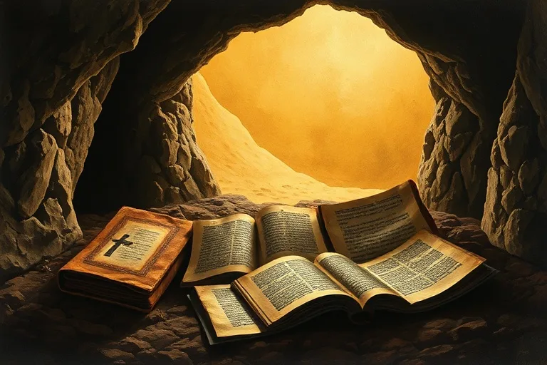 Pintura al óleo de manuscritos antiguos y un pergamino con escritura copta en una cueva, simbolizando la sabiduría y el legado de los Padres del Desierto.