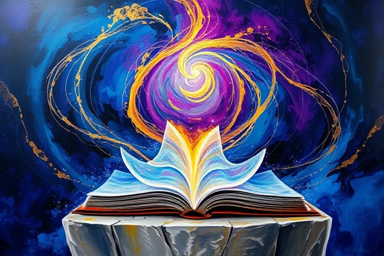 Pintura al óleo abstracta con patrones arremolinados de azules profundos y púrpuras que se fusionan con vetas de oro y blanco, evocando una sensación de unidad cósmica y paz interior.