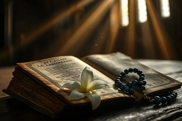 Fotografía still-life de un libro antiguo titulado 'El Castillo Interior' con una vela encendida y un rosario, simbolizando la búsqueda espiritual.