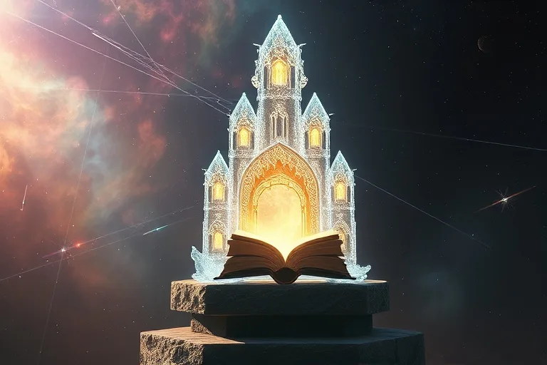 Ilustración 3D de un castillo de cristal etéreo con siete cámaras brillantes, flotando en el espacio, simbolizando las moradas espirituales.